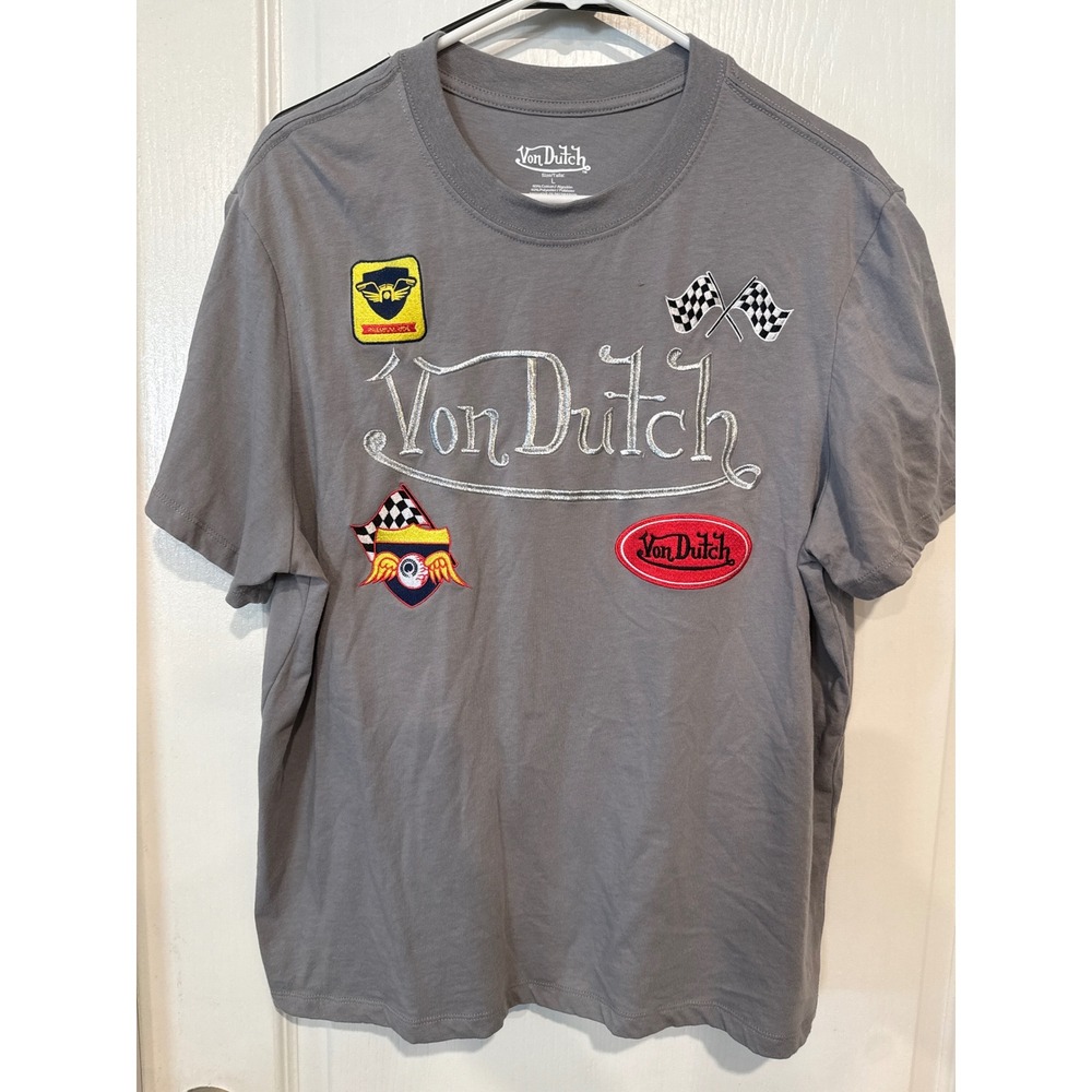 Von Dutch Mens Graphic Tee Grey Racing Patches Logo T-Shirt Large 4VND9A3984NV